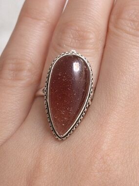 Statement Ring Teardrop Sparkling Red Glass Cabochon Sterling Silver Overlay